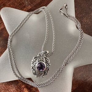 Sterling silver marcasite locket, 18in chain